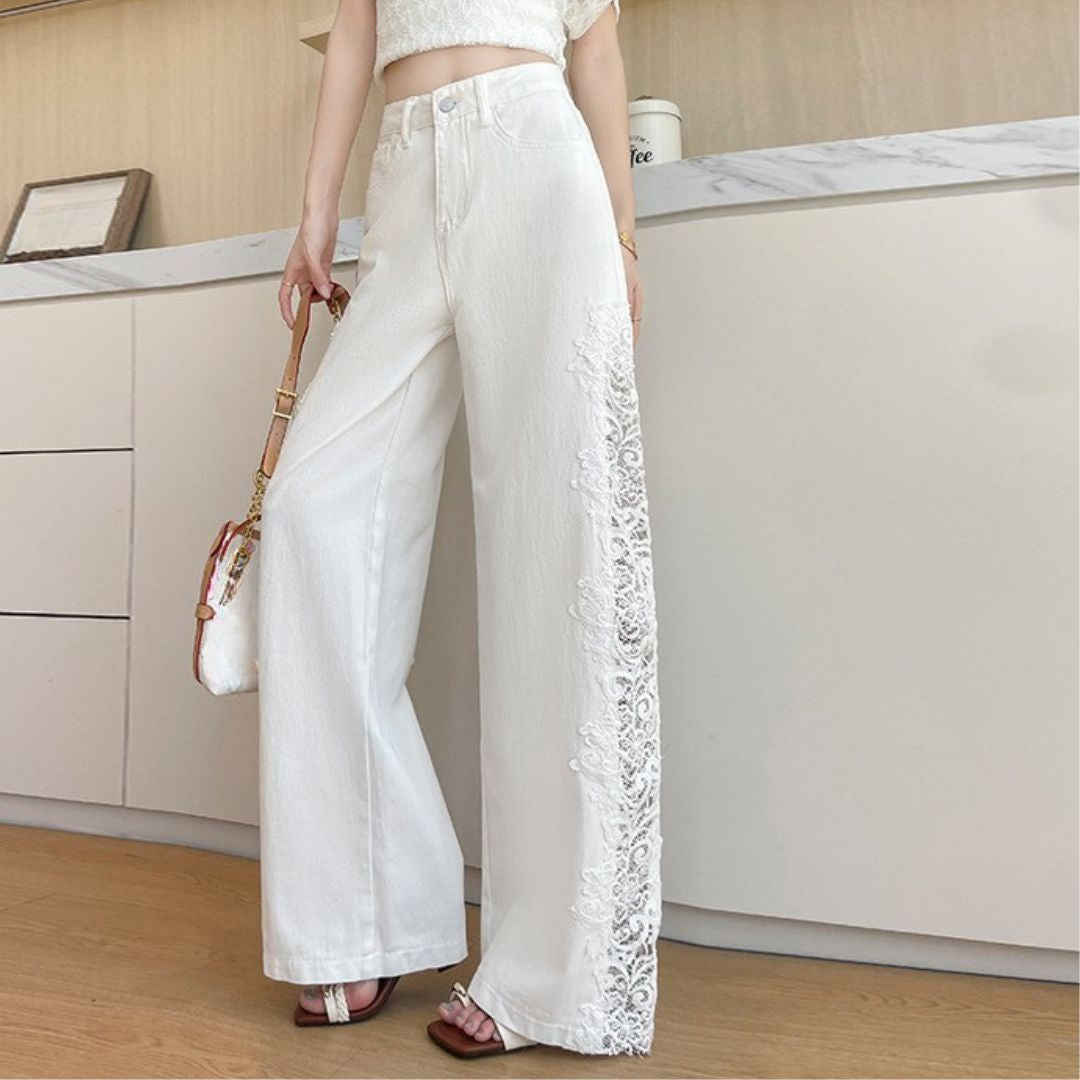 Lace Cutout Panel Wide Leg Jeans