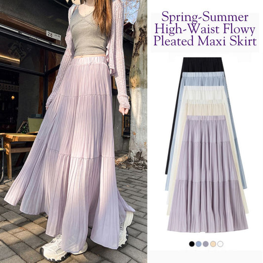 Spring-Summer High-Waist Flowy Pleated Maxi Skirt