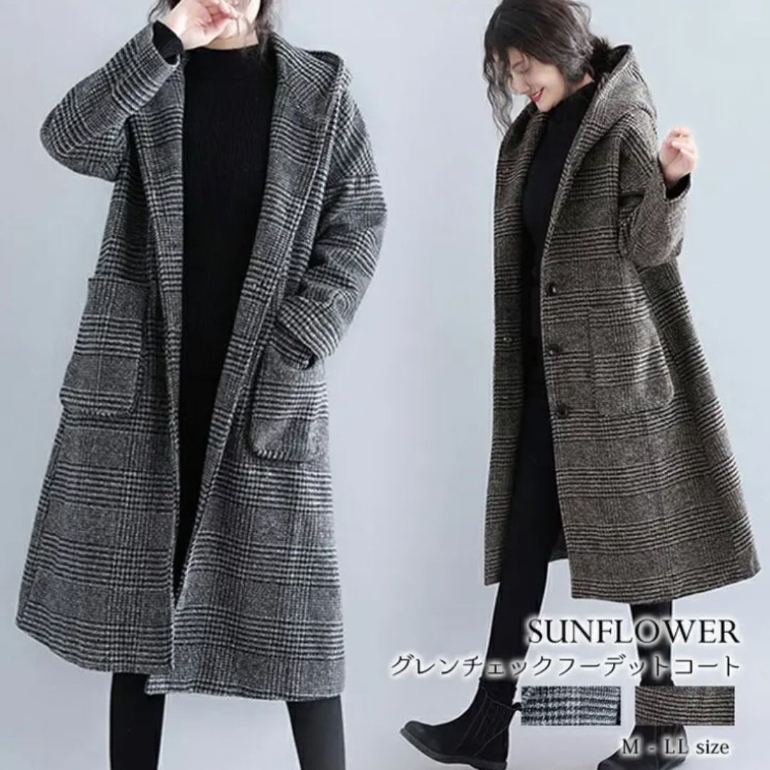 Japanese-Style Houndstooth Mid-Length Coat