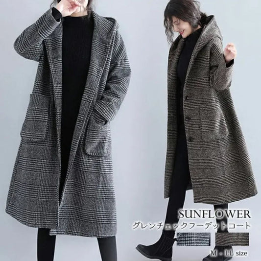 Japanese-Style Houndstooth Mid-Length Coat