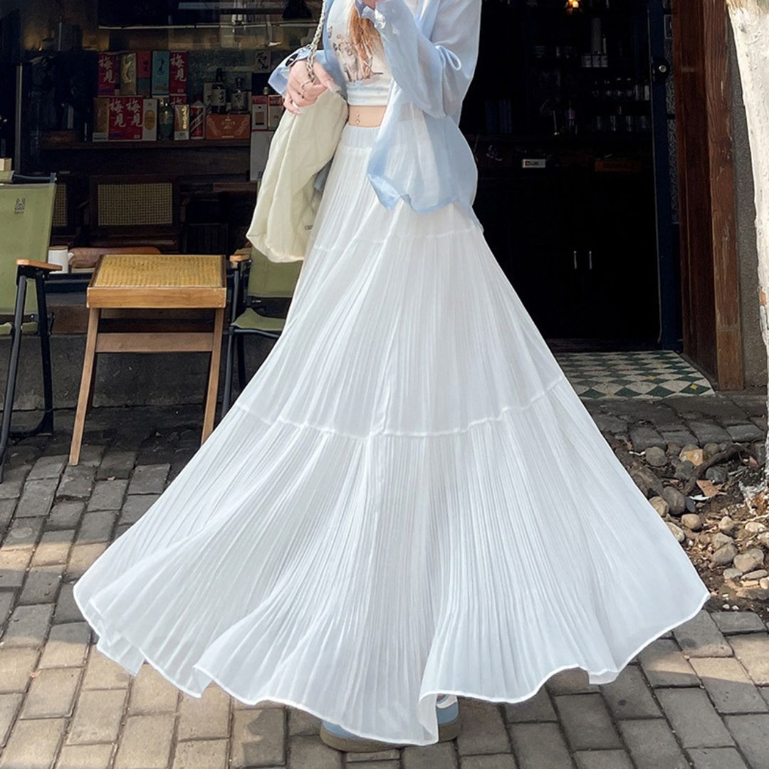 Spring-Summer High-Waist Flowy Pleated Maxi Skirt