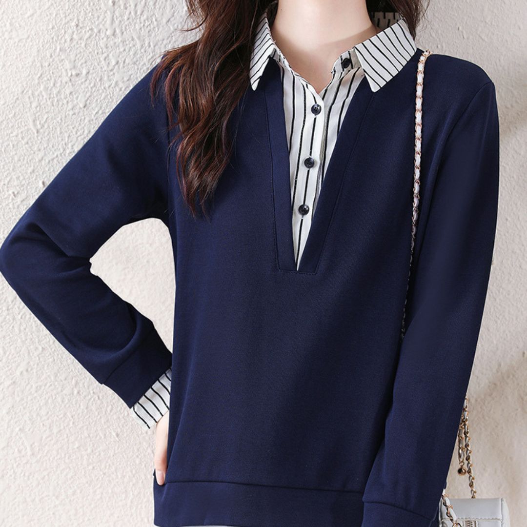Striped Lapels Fake Two Long-sleeved Tops