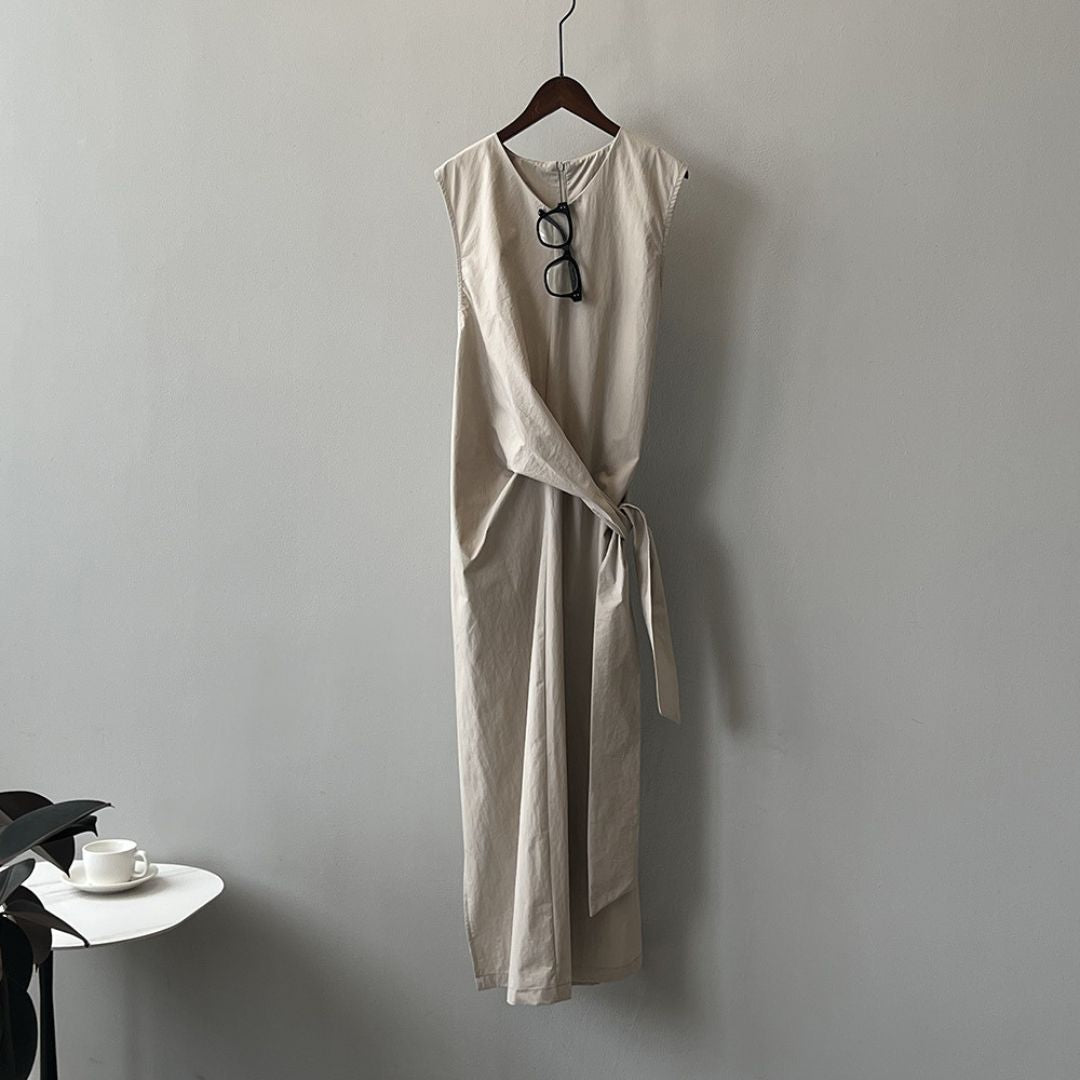 Sleeveless Long Dress with Cinched Tie-Waist Design