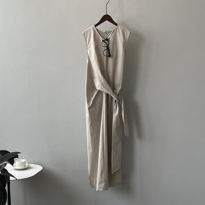 Sleeveless Long Dress with Cinched Tie-Waist Design