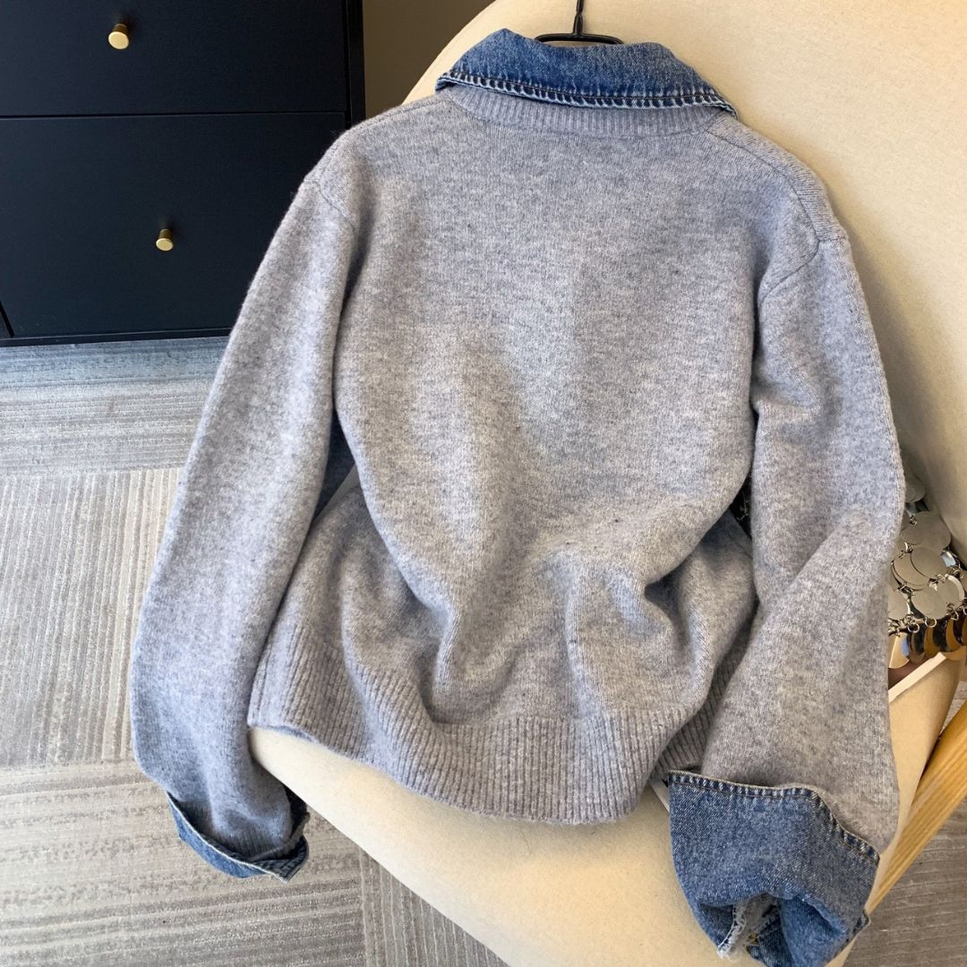 Denim Collar Patch Knit Sweater