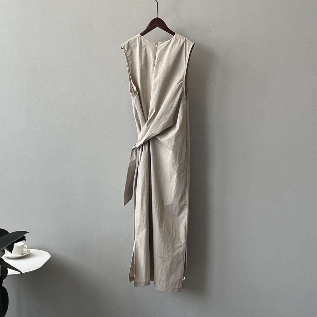 Sleeveless Long Dress with Cinched Tie-Waist Design