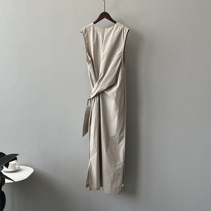 Sleeveless Long Dress with Cinched Tie-Waist Design