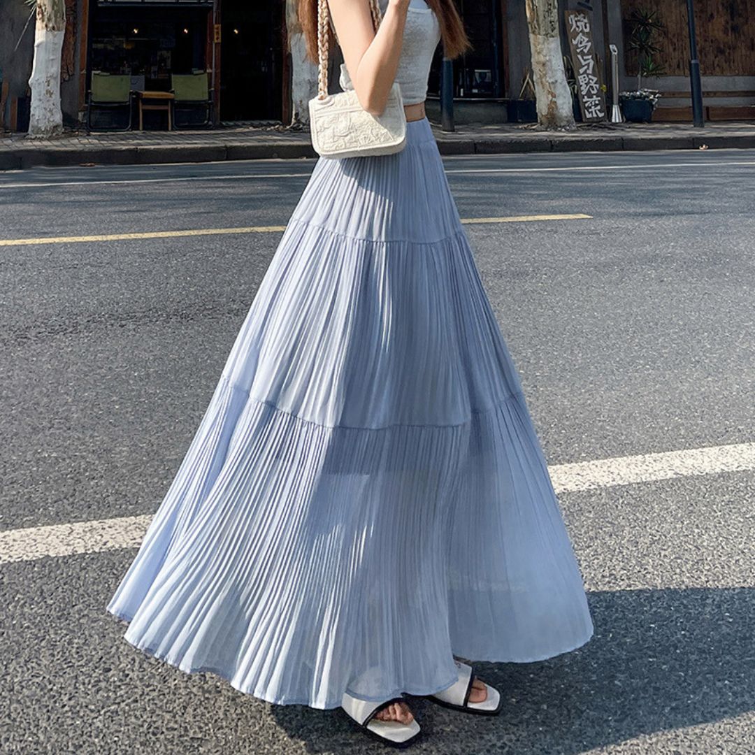 Spring-Summer High-Waist Flowy Pleated Maxi Skirt
