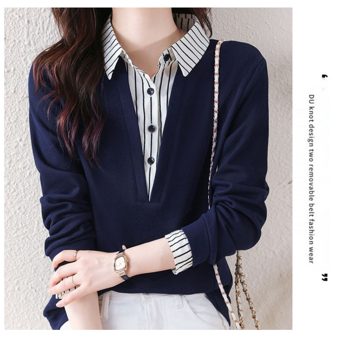 Striped Lapels Fake Two Long-sleeved Tops