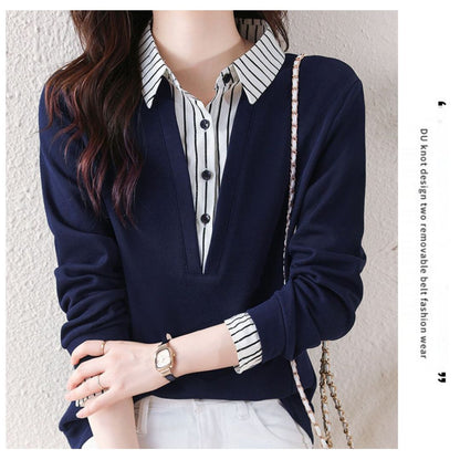 Striped Lapels Fake Two Long-sleeved Tops