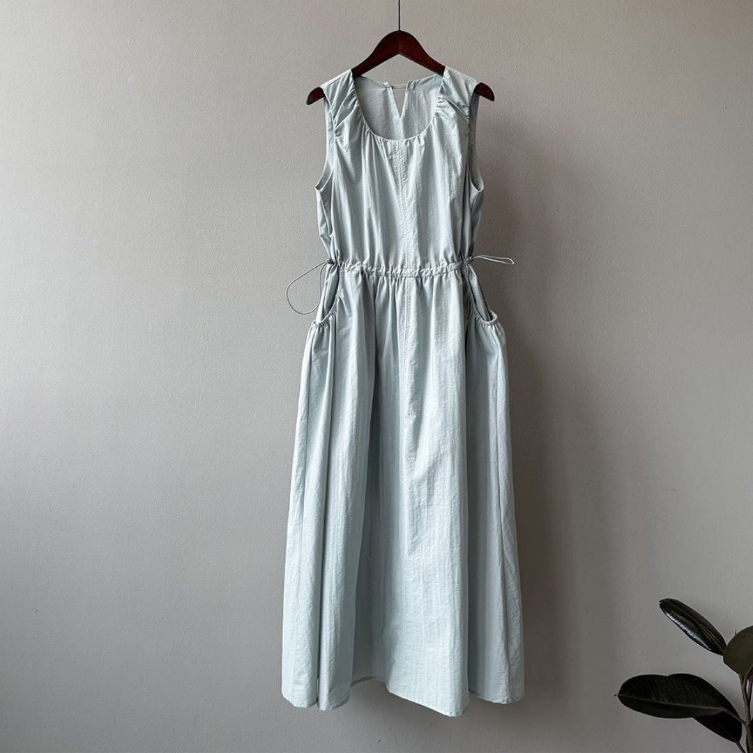Summer Round-Neck Sleeveless Long Dress with Drawstring Waist