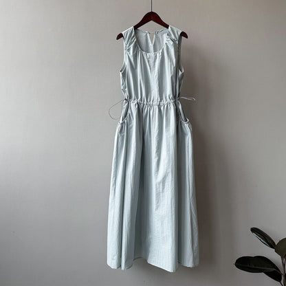 Summer Round-Neck Sleeveless Long Dress with Drawstring Waist