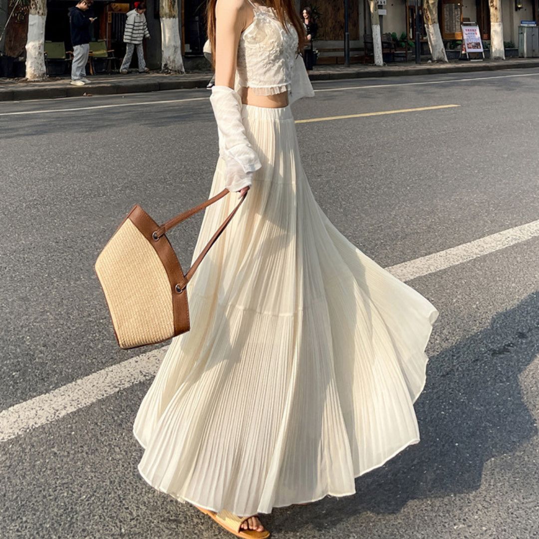Spring-Summer High-Waist Flowy Pleated Maxi Skirt
