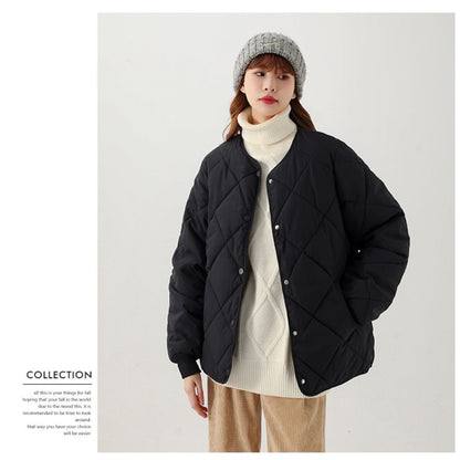 日系菱格紋圓領夾面外套