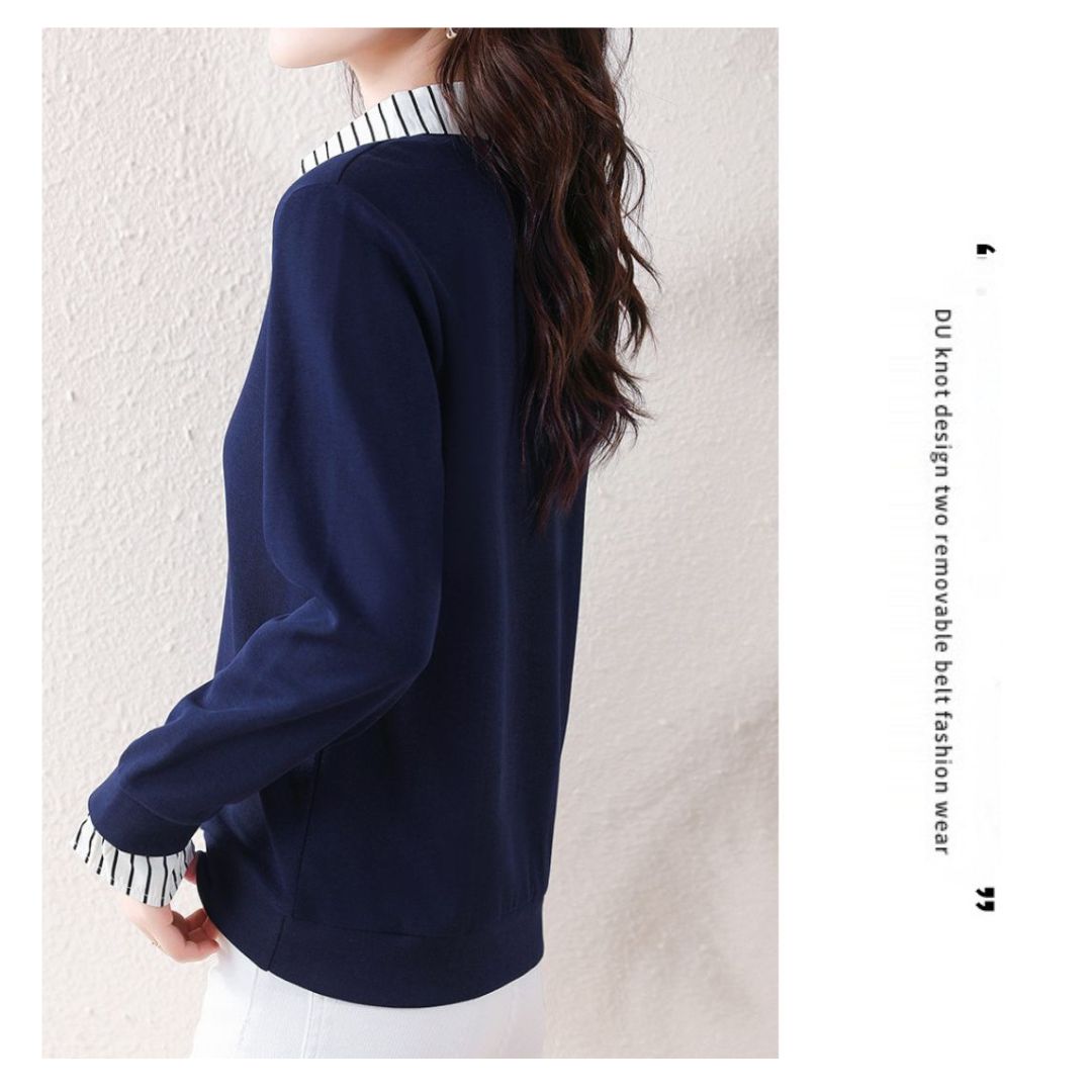 Striped Lapels Fake Two Long-sleeved Tops