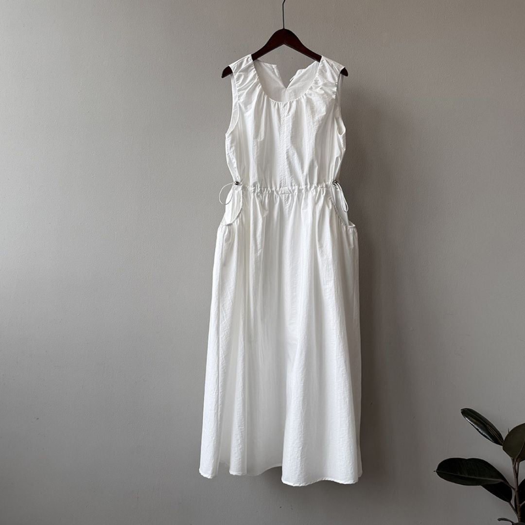 Summer Round-Neck Sleeveless Long Dress with Drawstring Waist