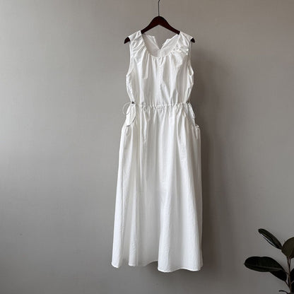 Summer Round-Neck Sleeveless Long Dress with Drawstring Waist