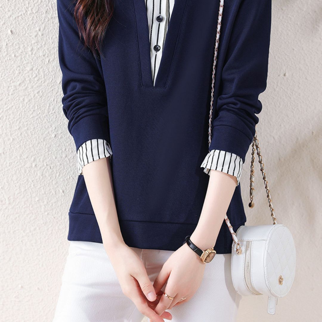 Striped Lapels Fake Two Long-sleeved Tops
