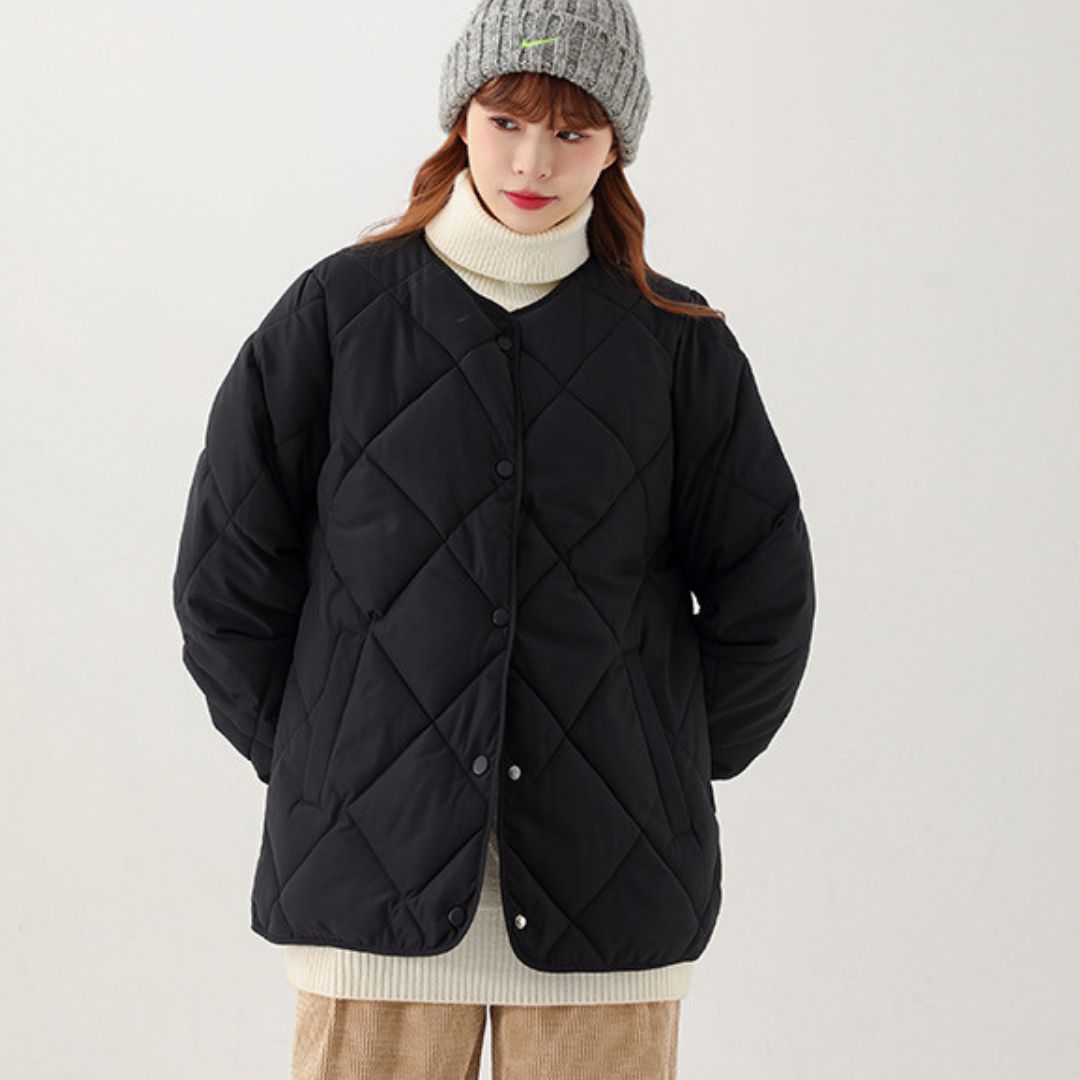 日系菱格紋圓領夾面外套