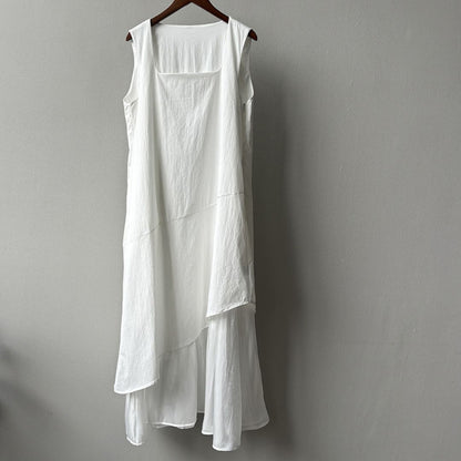 Sleeveless Long Dress with Asymmetrical Hem and Panelled Design