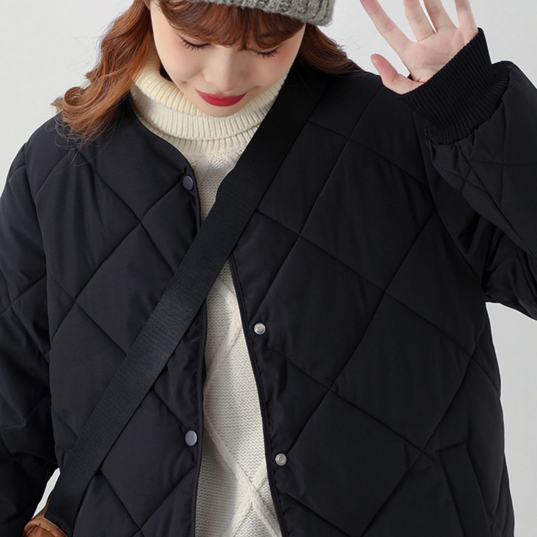 日系菱格紋圓領夾面外套