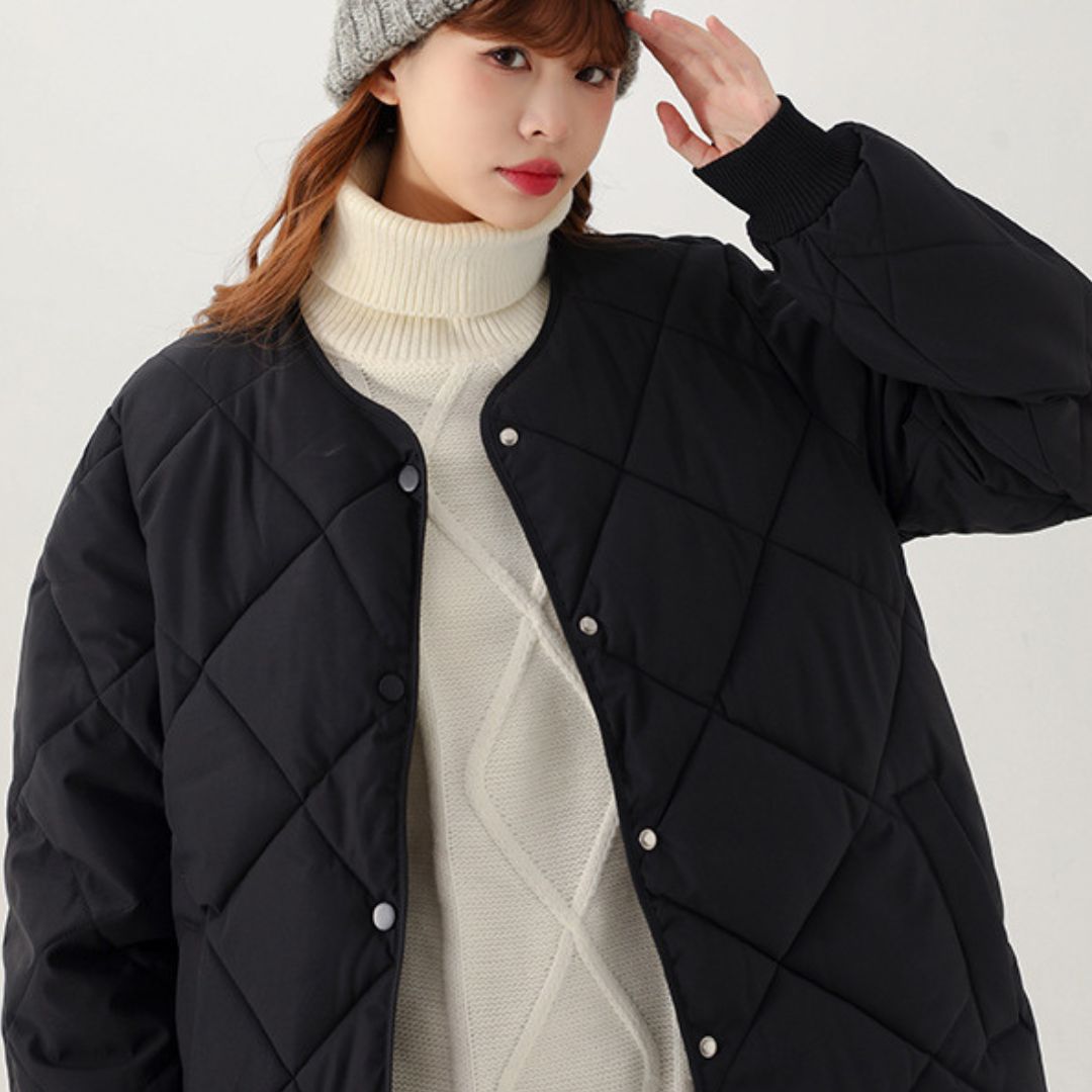 日系菱格紋圓領夾面外套
