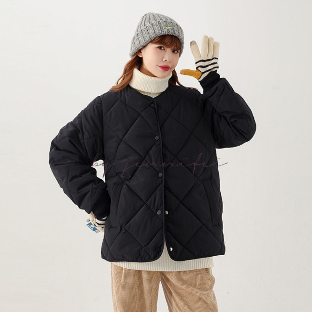 日系菱格紋圓領夾面外套