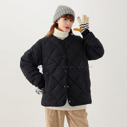 日系菱格紋圓領夾面外套