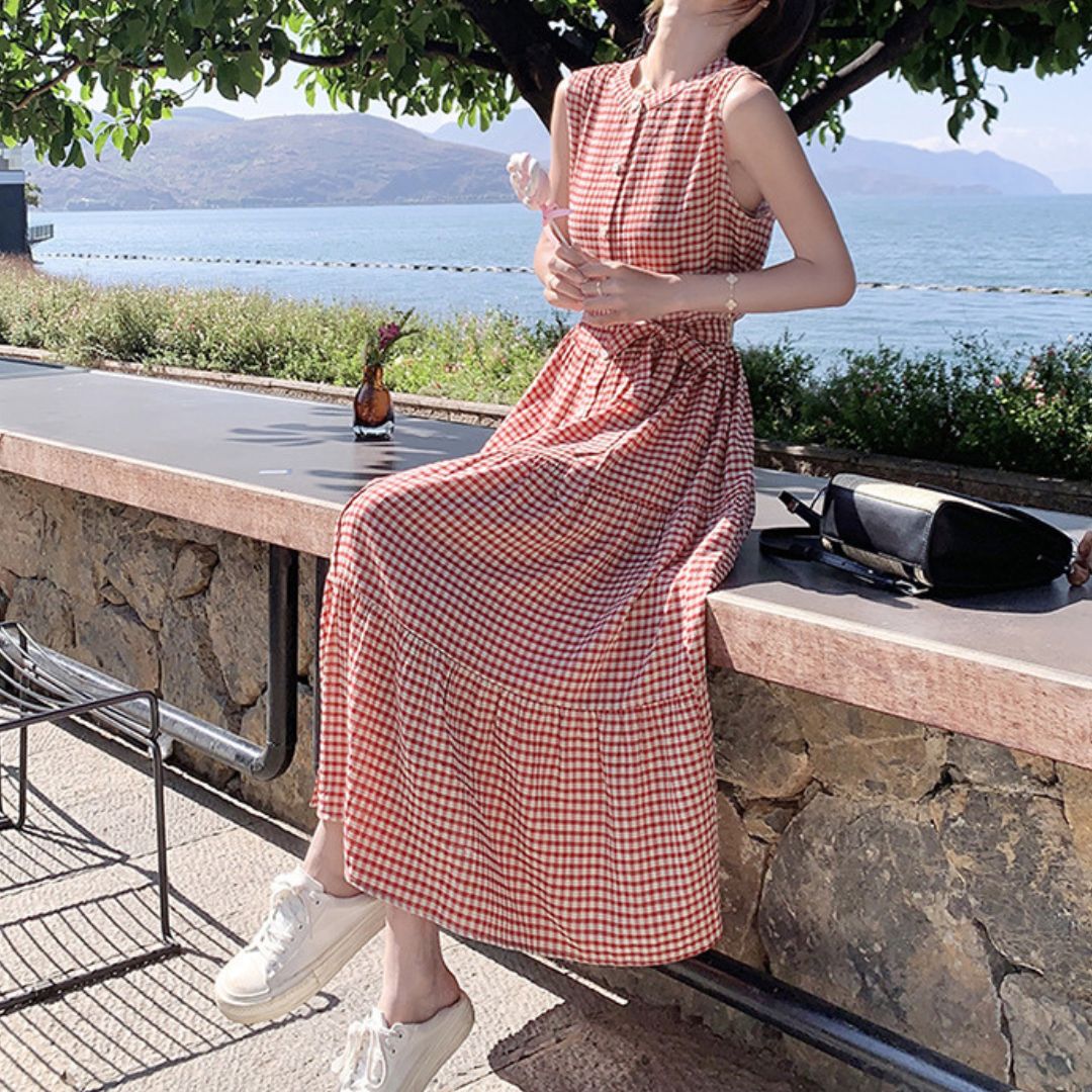 Vintage Red Plaid Sleeveless Fitted Dress