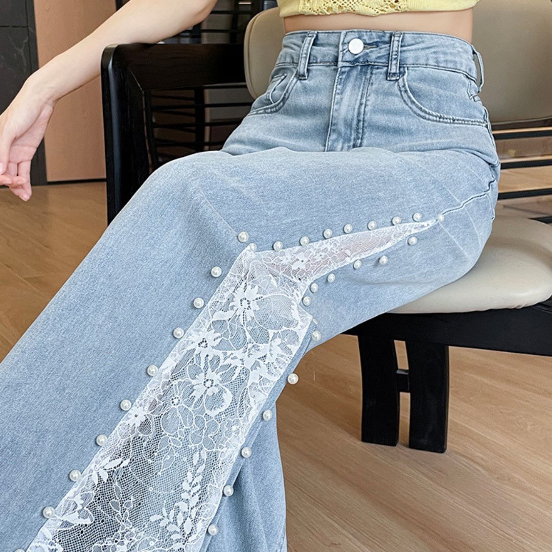 Tencel Beaded Lace Wide Leg Denim Pants