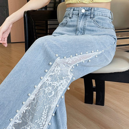 Tencel Beaded Lace Wide Leg Denim Pants