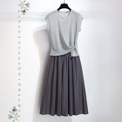 アシンメトリーニットトップス+スカートセット  