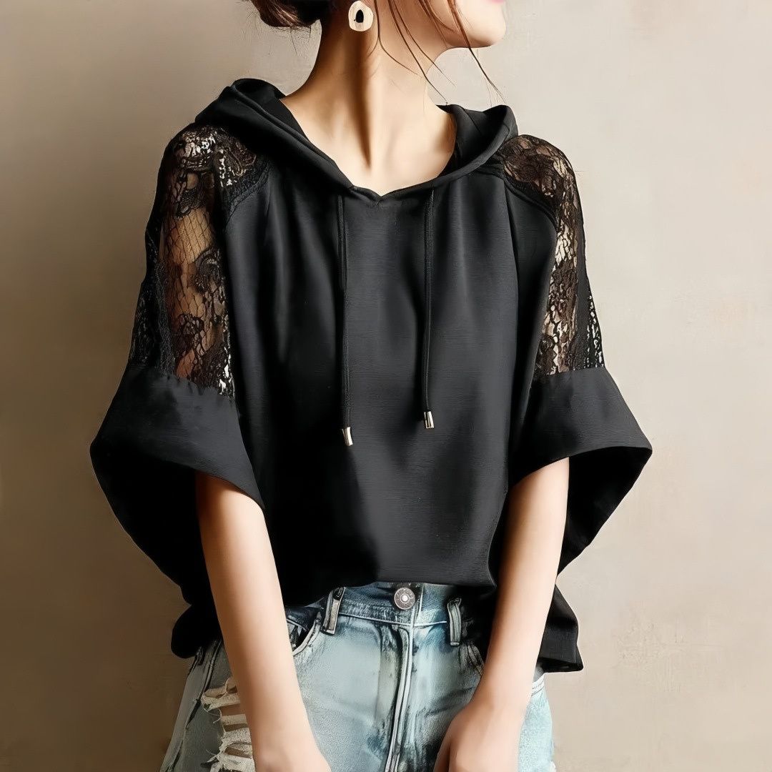 Color Block Lace Patchwork Hoodie with Flared Sleeves