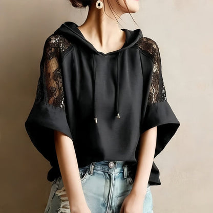 Color Block Lace Patchwork Hoodie with Flared Sleeves