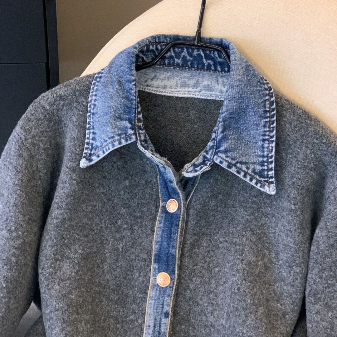 Denim Collar Patch Knit Sweater