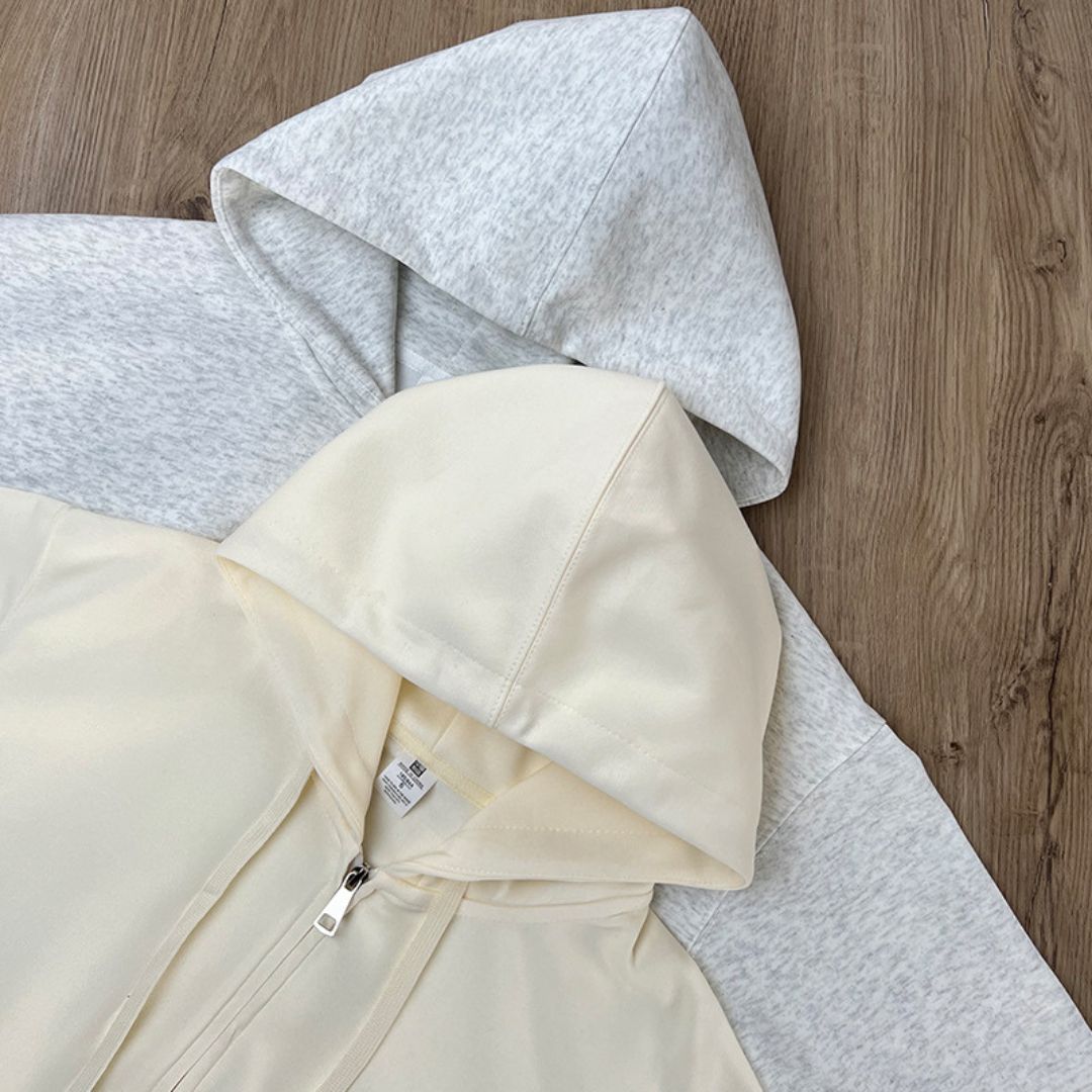 Solid Color Cotton Hooded Zip-Up Jacket
