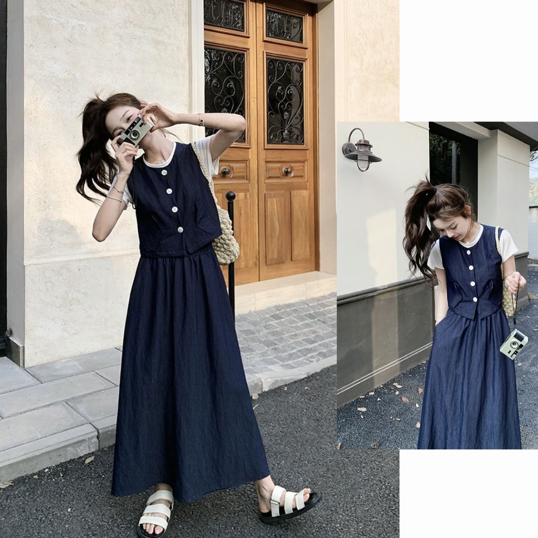 Minimalist Vest & Long Skirt Three Piece Set