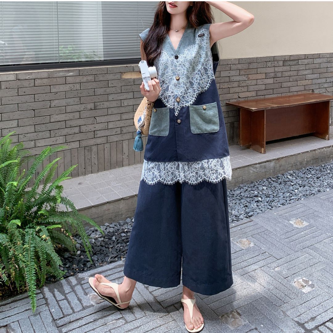 ファッションレースパッチワークツーピースセット