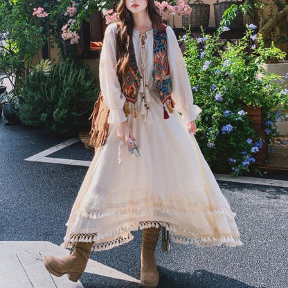 Ethnic Style Tassel Vest & Dress Two Piece Set