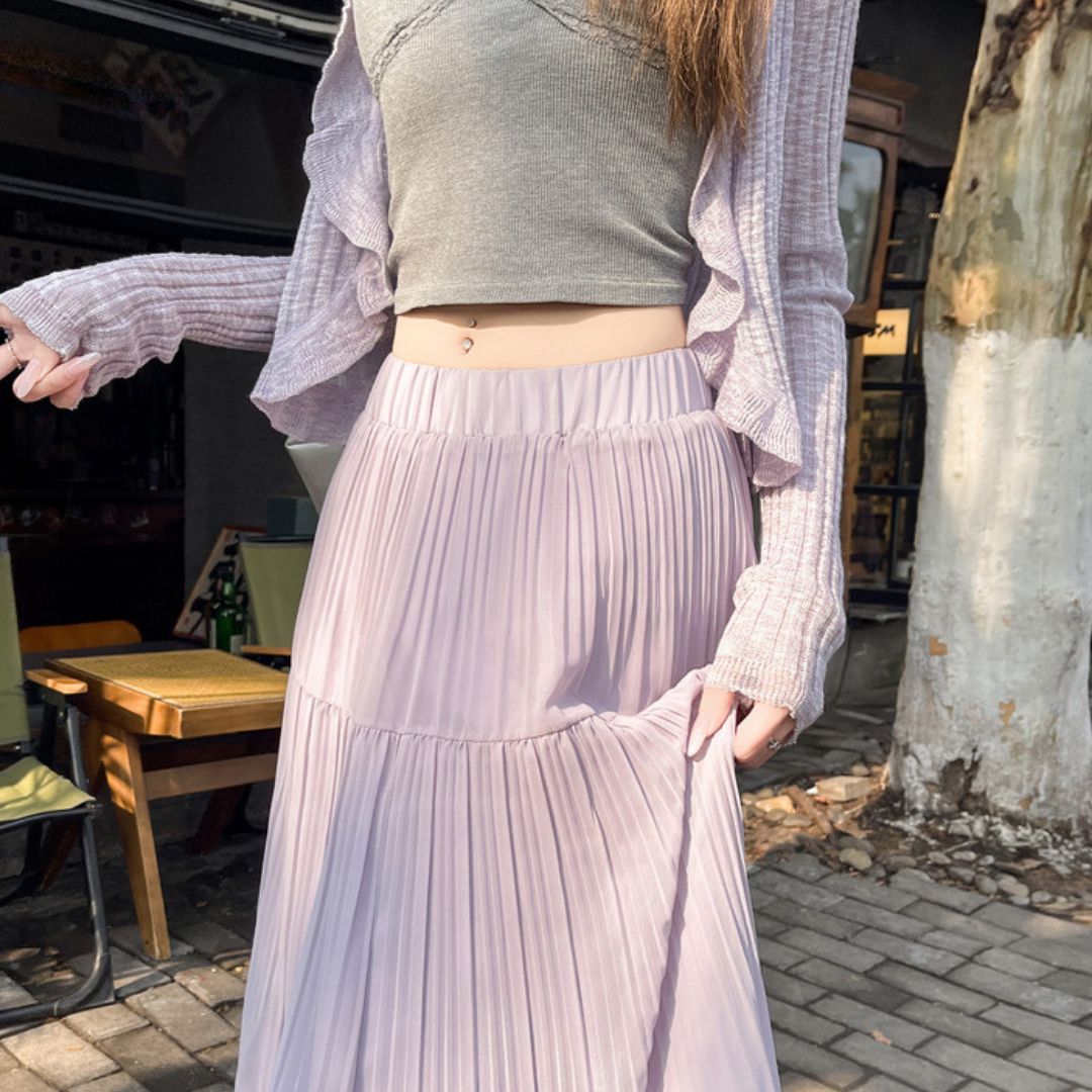 Spring-Summer High-Waist Flowy Pleated Maxi Skirt