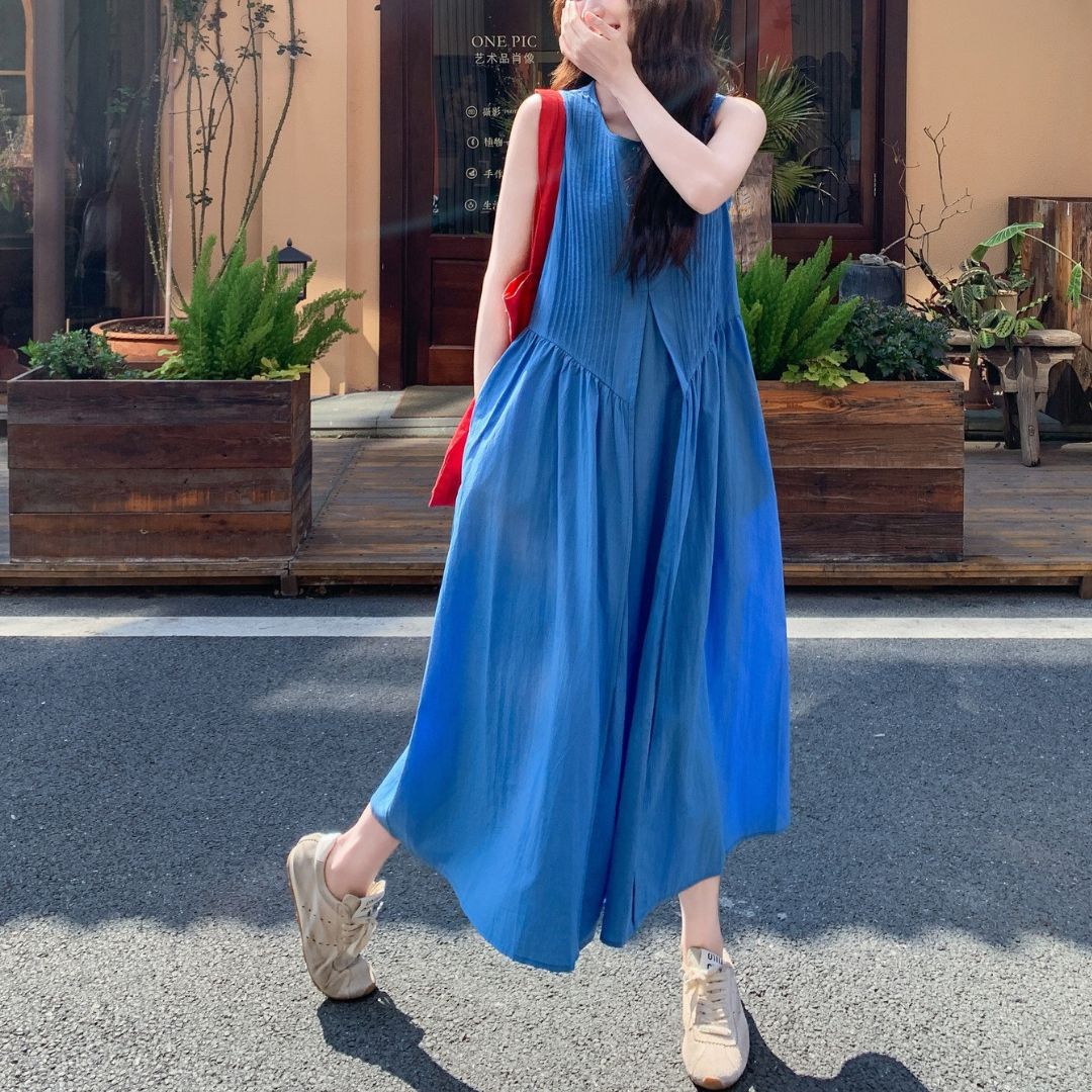 Ruched Vintage Sleeveless Midi Tank Dress
