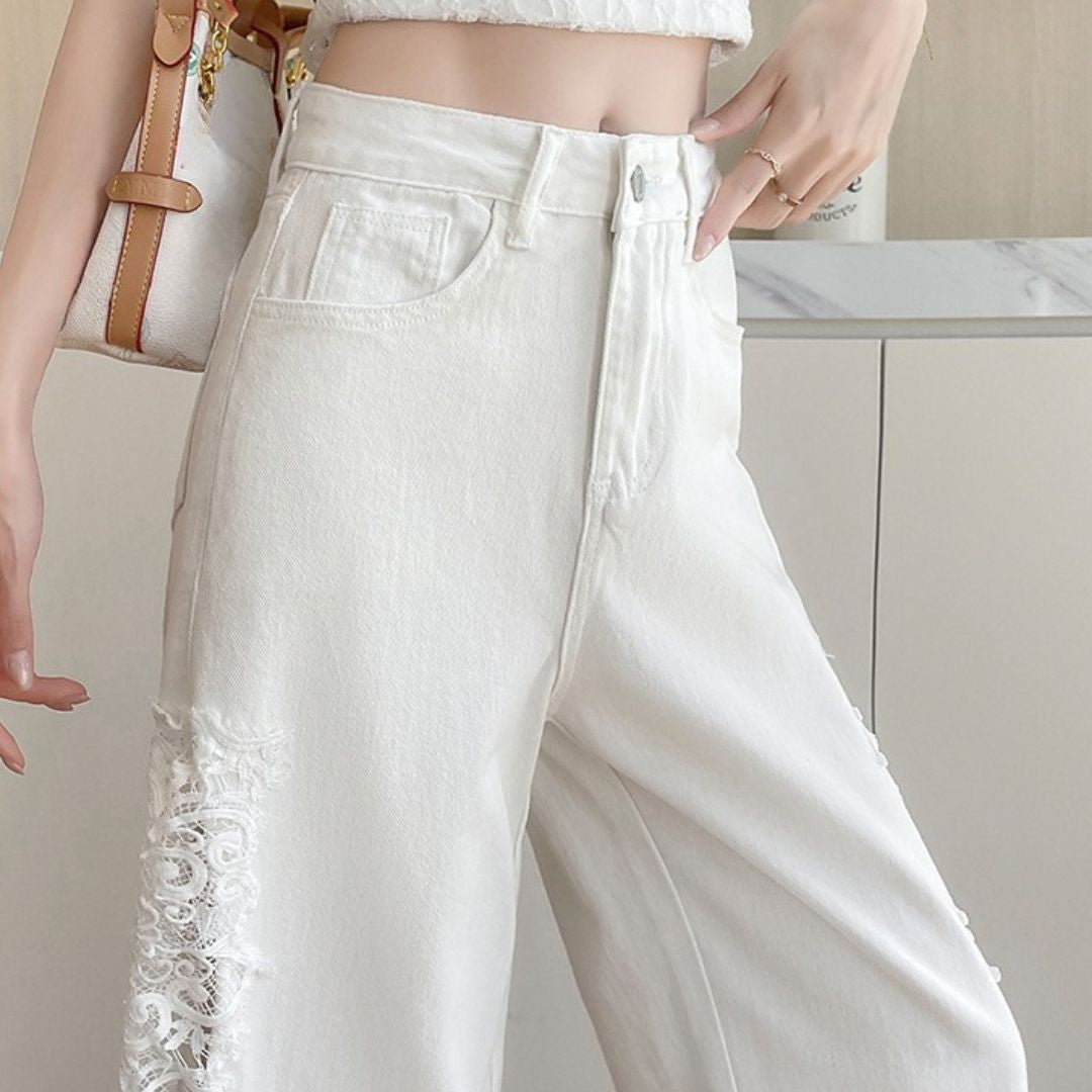 Lace Cutout Panel Wide Leg Jeans