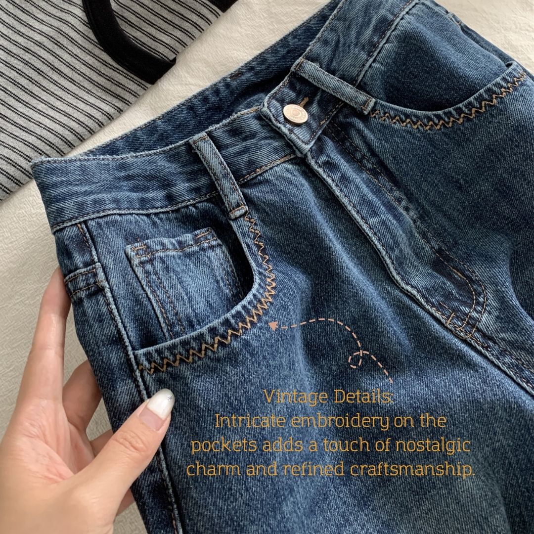 刺繡口袋直筒牛仔褲