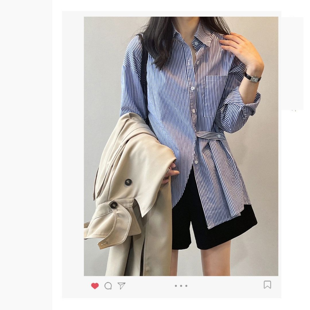 女士收腰後開衩條紋恤衫