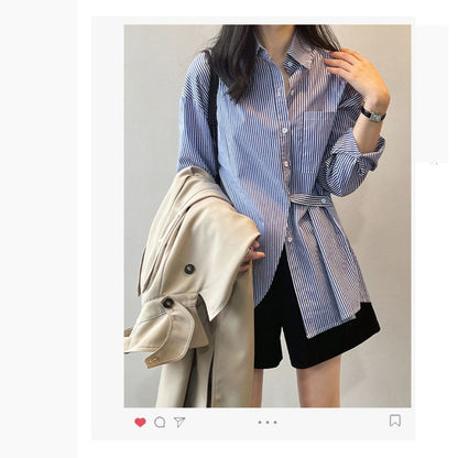 女士收腰後開衩條紋恤衫