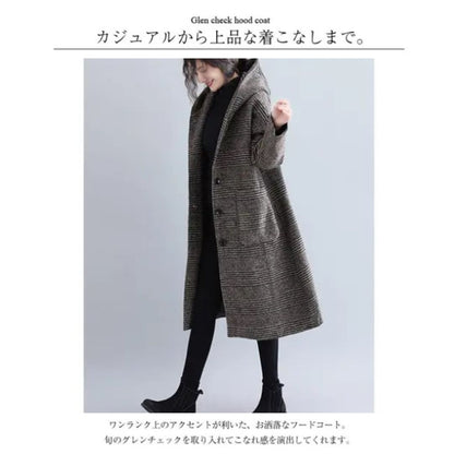 Japanese-Style Houndstooth Mid-Length Coat