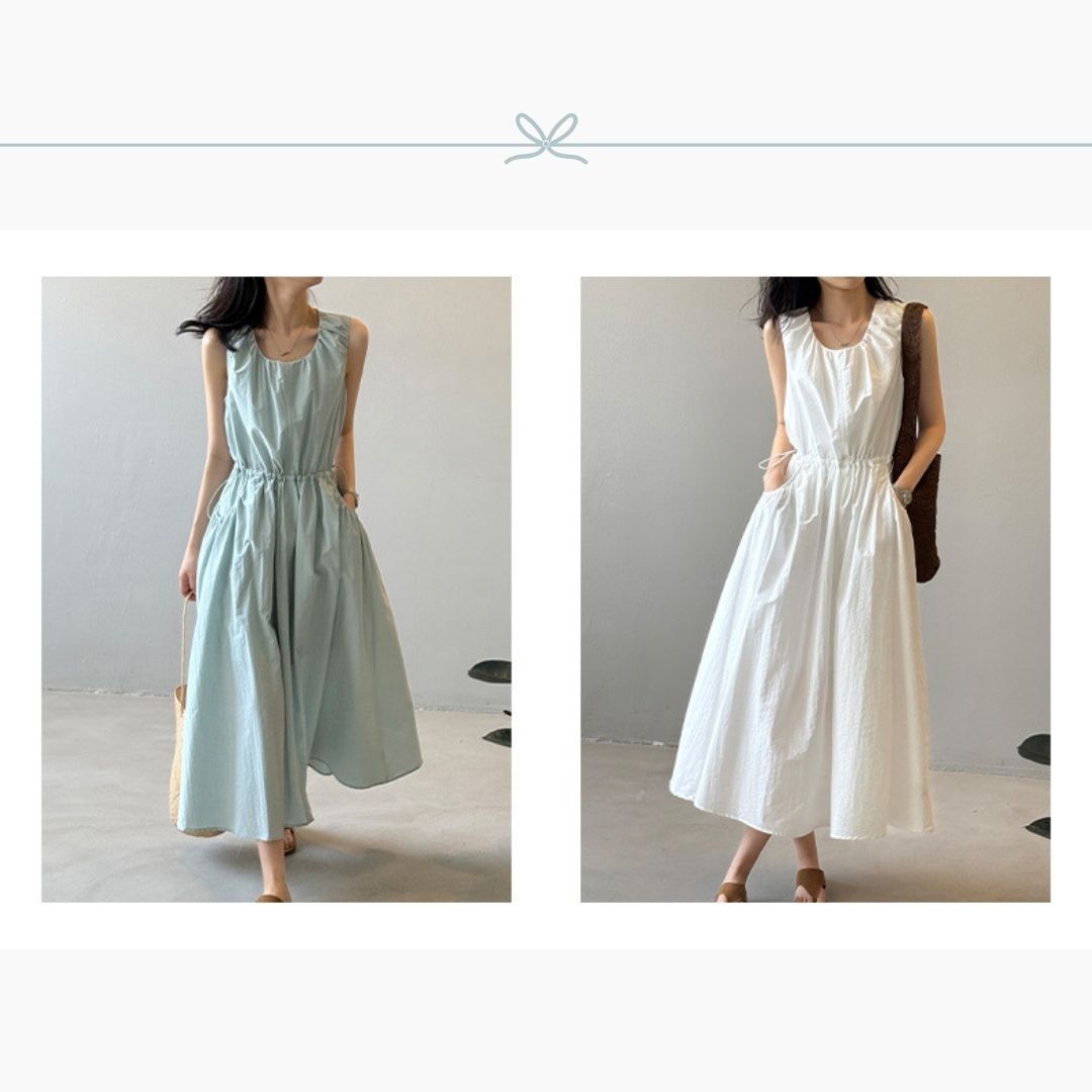 Summer Round-Neck Sleeveless Long Dress with Drawstring Waist