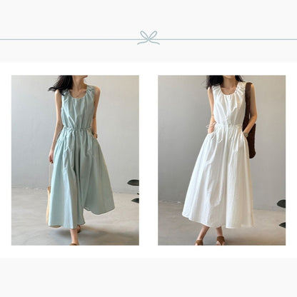 Summer Round-Neck Sleeveless Long Dress with Drawstring Waist