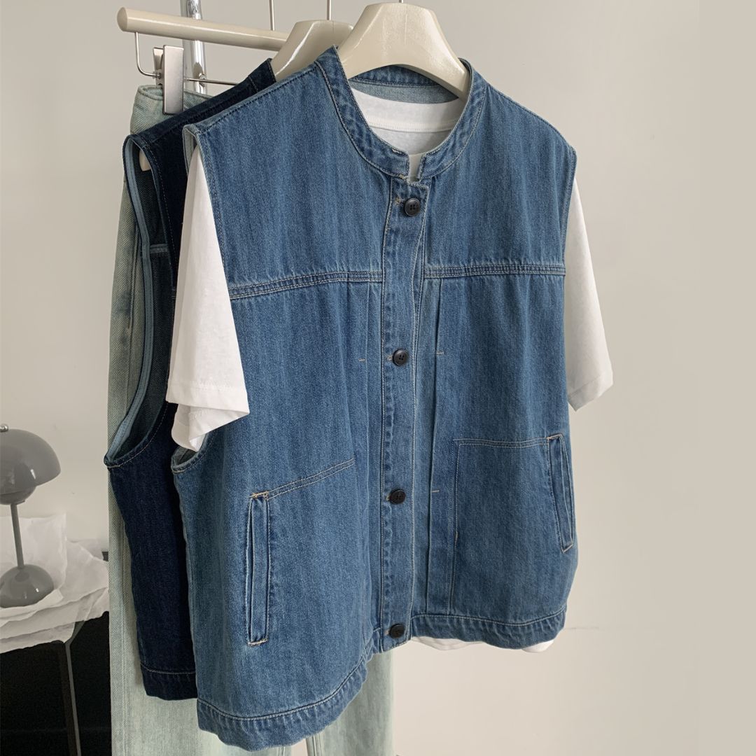Women's Denim Sleeveless Top with Petite Mandarin Collar