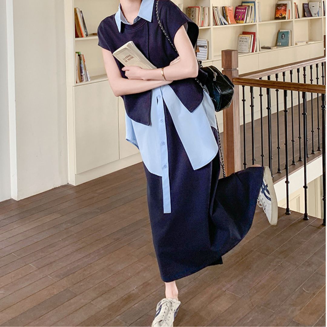 Deep Navy Irregular Shirt Set Dress